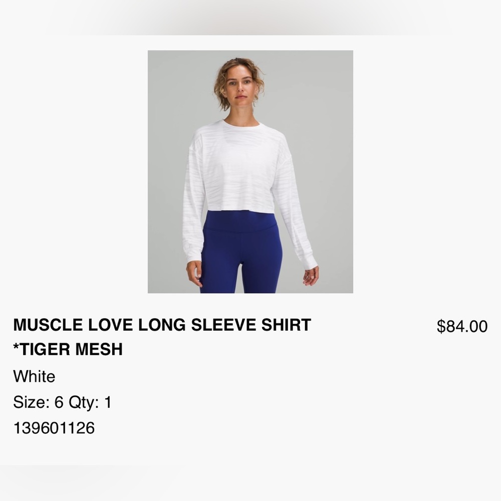 Lululemon white Tiger stripe crop shirt Size 6